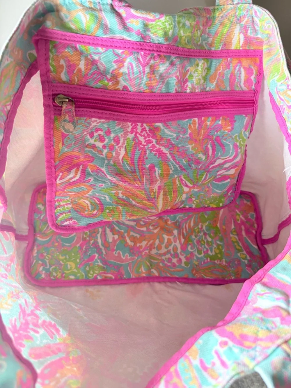 Lilly Pulitzer Tote Bag Tropical Pink Aqua Beach Large Canvas Bag Summer Preppy - Picture 4 of 6
